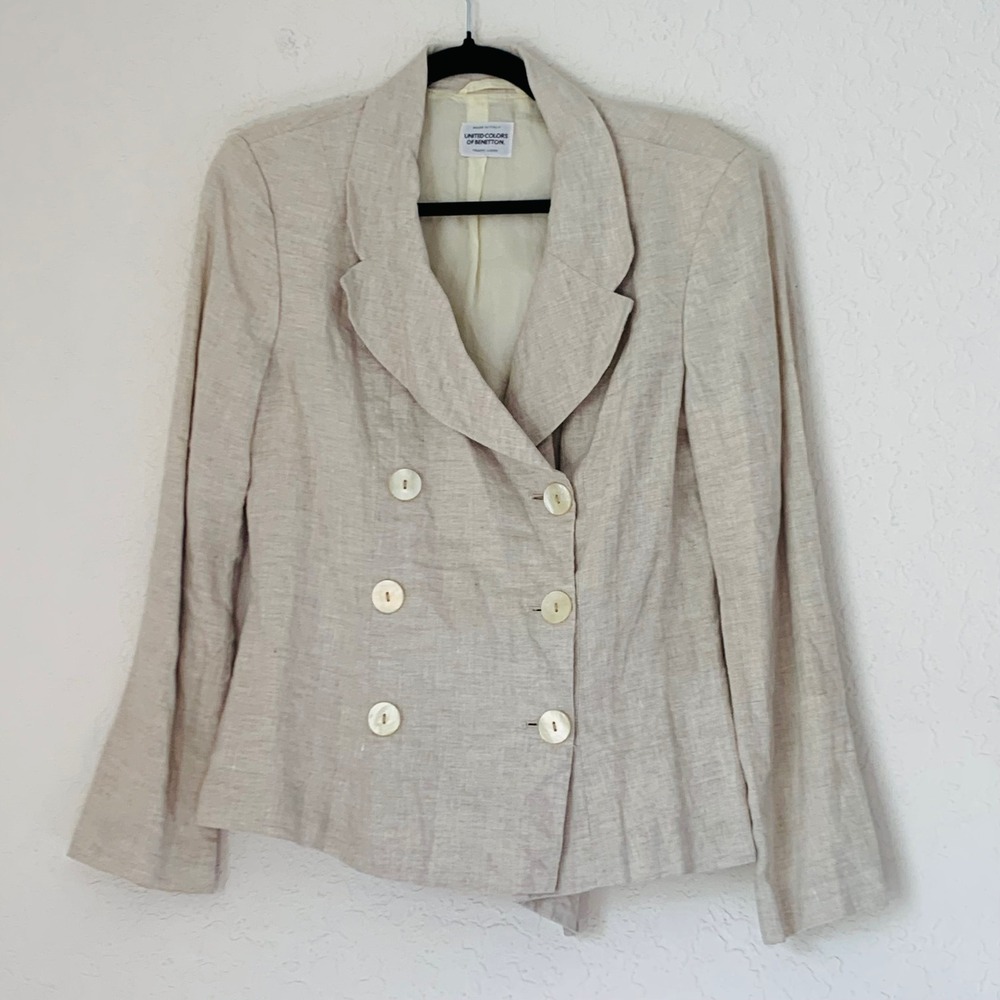 United Colors of Benetton Blazer Women‎ 44 Beige Linen Double Breasted Italy